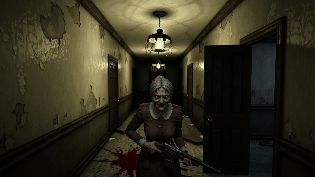 ����������Granny Reworked��Ϸ�е������̽�ɫվ�ڻ谵���Ⱦ�ͷ���ֳ�������������ɭ�����ֲ�������͸�ӣ��Ű潫��ɫ���ڻ�������ƫ�£����Ϊ�ֲ�дʵ��ϸ�ڰ����߲���ǽ�ڡ�ҡ�εĵ��ơ����ϵ�Ѫ�����뿪�ķ��ţ����ʸ��壬�ɾ����޶���Ԫ��