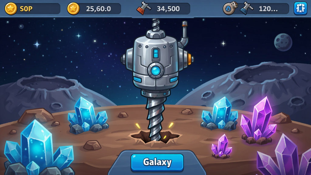 Auto Drill: Galaxy ���������棬����������һ̨����ɫȫ�Զ���̽����������ر�������ף���Χ�ֲ��ŷ������ɫ��ʯ����ɫ�����ᾧ������������ǿ���Զ������ɽ�����涥����ʾ�������ͷ�ȼ����ײ���������ť�����岼��Ϊ�������η�񣬿ƻÿ�ͨ���磬ϸ�����������ʸɾ��������޶���Ԫ��