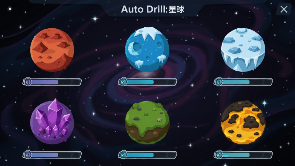 Auto Drill: Galaxy ����ѡ����棬��������������Ų�ͬ��ɫ�����򣬷ֱ���ֺ�ɫɳĮ����ɫ��ԭ����ɫ������ɫ̦ԭ�ͽ�ɫ���ҵ�ò��ÿ�������·��н���������������Ϊ������ƣ��ƻñ�ƽ����ƣ��������룬���������ɾ����޶���Ԫ��