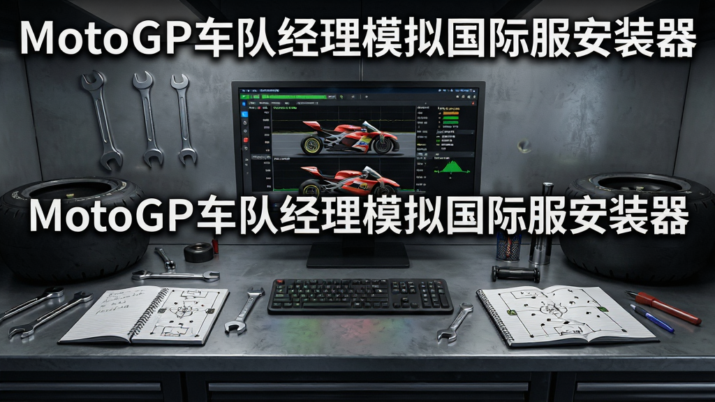 主体是赛车维修区工作台全景,布局为中央显示赛车遥测数据屏幕,排版采用左右对称结构,风格为工业科技感,细节包含散落的扳手、轮胎、笔记本上的战术草图,画面中打文字“MotoGP车队经理模拟国际服安装器”,画质清晰、干净、无多余元素