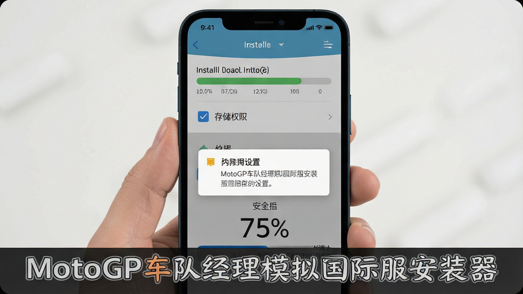 主体是手机屏幕显示安装进度条与权限设置界面,布局为手机竖屏特写,排版采用中心聚焦,风格为扁平化UI设计,细节包含勾选存储权限、安全提示弹窗、进度百分比数字,画面中打文字“MotoGP车队经理模拟国际服安装器”,画质清晰、干净、无多余元素