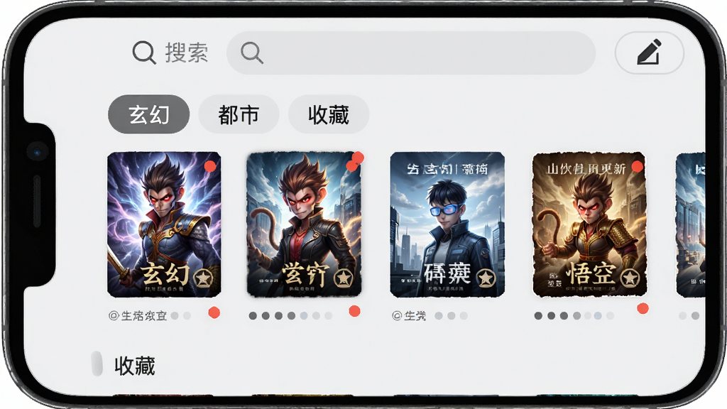����Ķ���ܹ������棬����չʾ�ֻ���Ļ�з����������ܣ����������á������С����ղء��ȷ����ǩ���鼮���澫����������������ͱ༭��ť������Ϊǳ��ɫ������ϸ�ڰ����Ķ�����СԲ�㡢�������Ѻ�㣬���ʸ��壬�ɾ��޶���Ԫ��