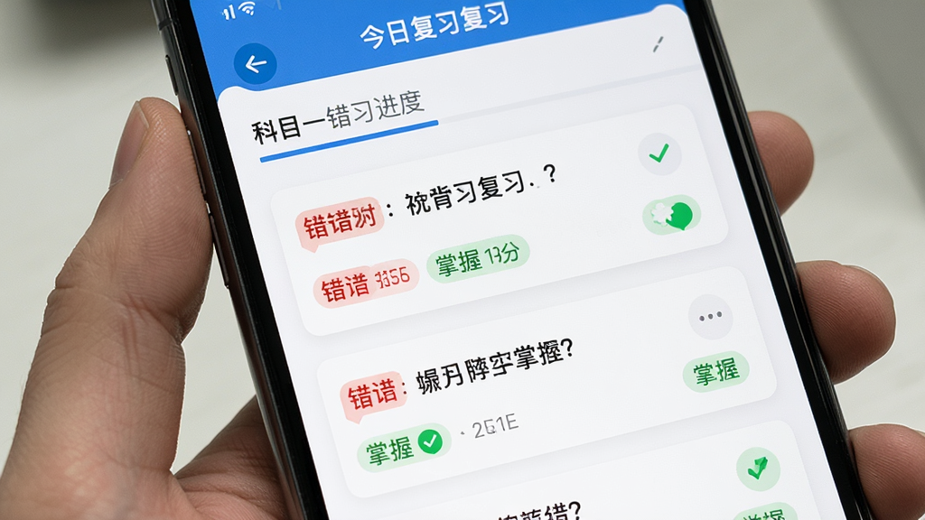 手机显示科目一错题复习界面,主体为手机和错题列表,布局采用手持视角,排版上方是今日复习进度下方是题目卡片,风格为学习工具风,细节包括红色错题标签和绿色掌握标记,画质高清,干净,无多余元素