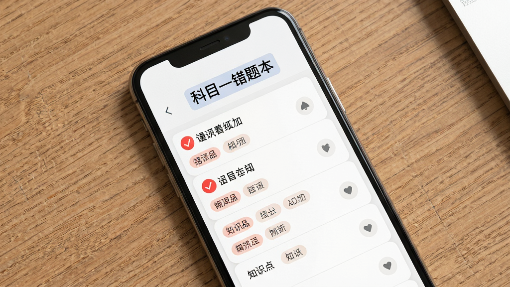 一部手机放置在桌面,屏幕显示科目一错题本界面,主体是手机和错题列表,布局采用俯拍视角,排版上方标题下方列表,风格为简约教育风,细节包括红色错题标记和知识点标签,画质高清,干净,无多余元素