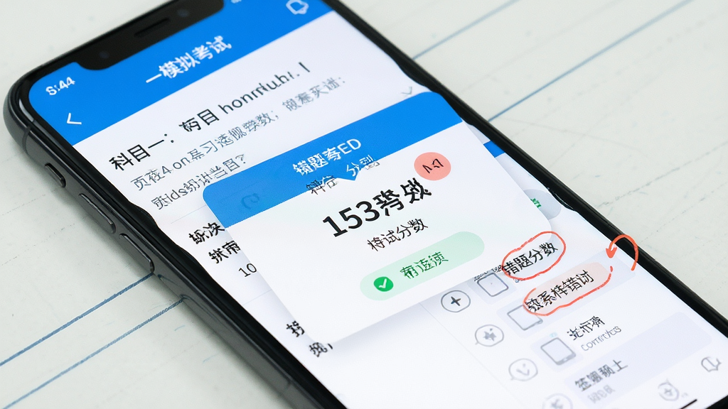 手机屏幕展示科目一模拟考试界面,主体为手机和考试分数弹窗,布局采用手机斜放角度,排版左侧显示题目右侧显示答题卡,风格为清爽学习风,细节包括分数数字和错题标记,画质清晰,干净,无多余元素