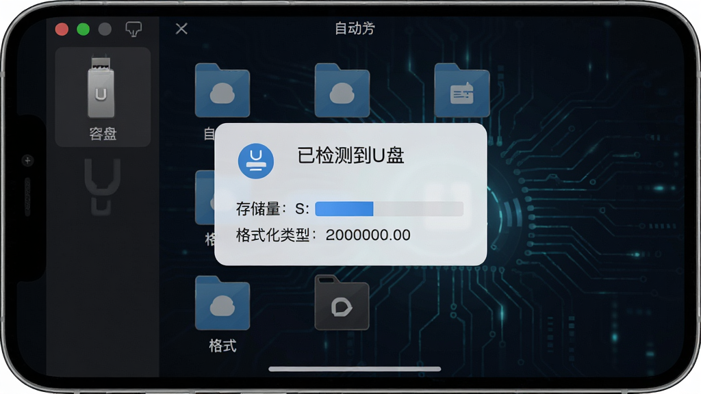 һ��U���ļ������������Զ�ʶ������豸�Ľ����ͼ���ֻ���Ļ���뵯�����Ѽ�⵽U�̡���ʾ���·���ʾ�洢�����͸�ʽ�����ͣ�����Ϊ��ɫ�Ƽ���񣬻���ɾ����������������ʸ���