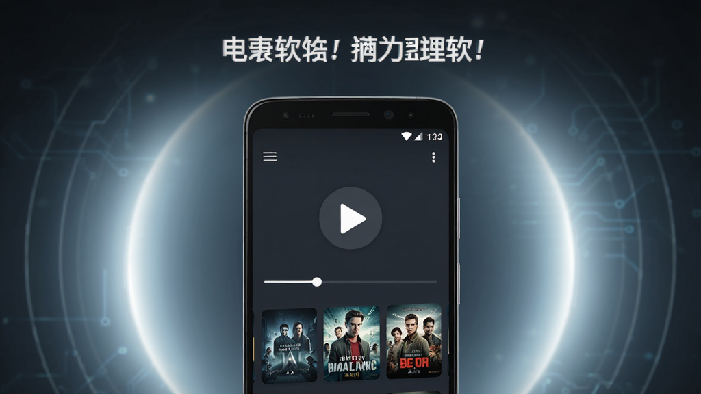 主体是安卓手机屏幕显示逗号软件播放界面,布局为居中手机加两侧光晕装饰,排版上方留空放置软件名称文字,风格为清爽科技感,细节包括播放按钮、进度条、影视封面缩略图,画质清晰干净,无多余元素