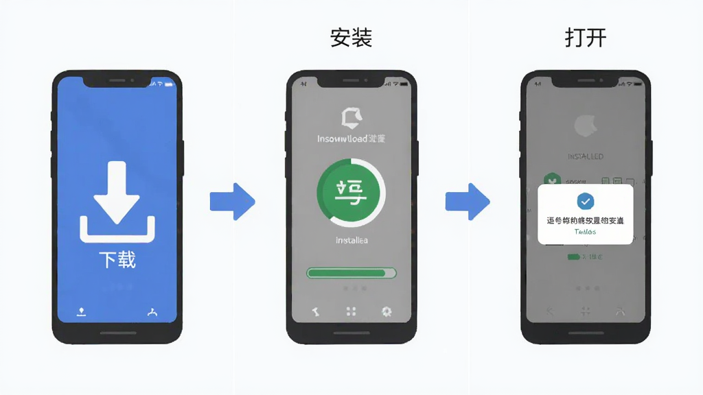 主体是手机安装逗号软件的步骤示意图,布局为三格横向排列,排版为下载、安装、打开依次递进,风格为扁平教程插画,细节包括下载箭头、安装进度、权限弹窗图标,画质清晰,画面干净,无多余元素