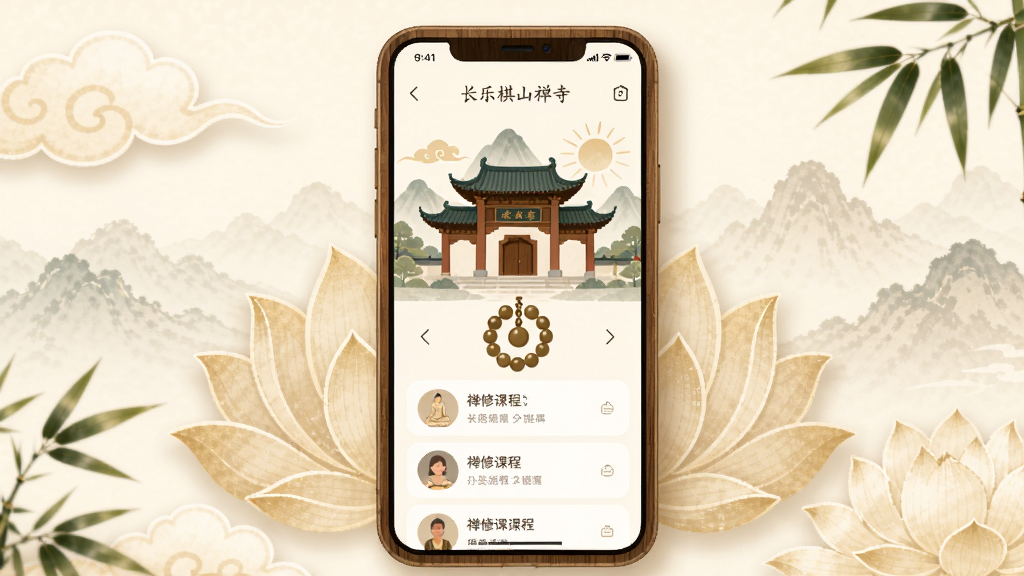 画面主体为一部智能手机竖屏展示长乐棋山禅寺应用界面,界面包含寺院山门插画、佛珠图标与禅修课程列表,背景为淡金色莲花纹与远山轮廓,布局采用居中对称式排版,手机四周环绕祥云与竹叶点缀,风格为中国风禅意极简插画,细节包含木质纹理边框与柔和光影,画质高清、干净、无多余元素