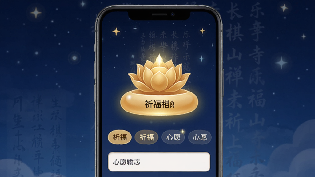 手机屏幕中显示长乐棋山禅寺线上祈福页面,页面中央为金色莲花供灯按钮,下方排列祈福类型选项与心愿输入框,背景为深蓝色夜空与点点星光,布局为上下结构,风格为柔和禅意数字插画,细节包含光晕效果与经文纹理,画质高清、干净、无多余元素