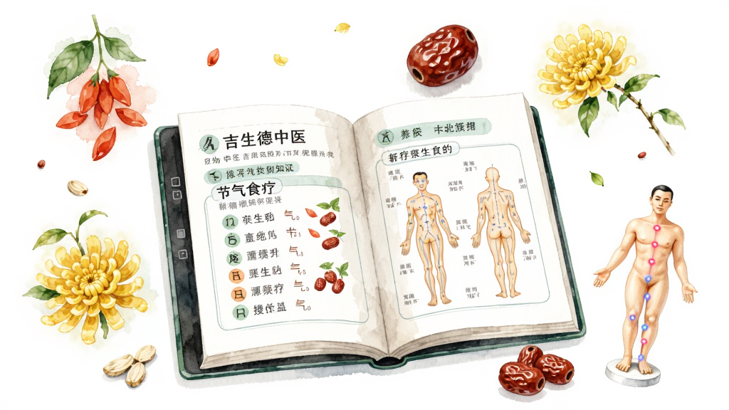 画面主体是一本展开的电子书,书页上显示吉生德中医的养生知识页面,包含节气食疗和穴位图解。书本周围漂浮着枸杞、红枣、菊花等中药材和人体穴位模型。风格为清新水彩插画,色调柔和明亮,布局均衡,细节生动,画质高清,画面干净,无多余元素。
