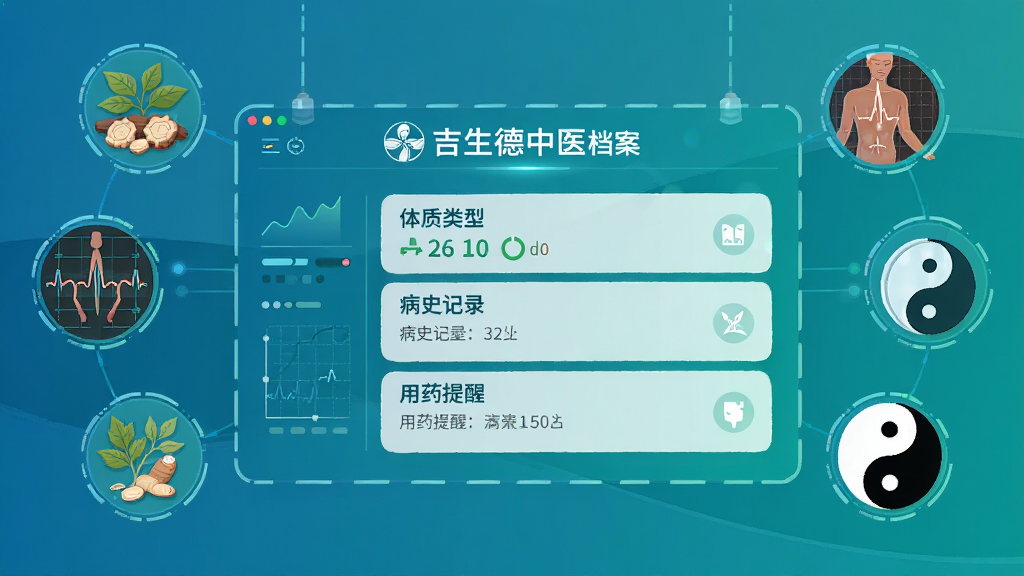 画面主体是一个悬浮的数字化健康档案界面,界面中显示吉生德中医的档案页面,包含体质类型、病史记录、用药提醒等条目。界面周围环绕着中医元素图标如草药、脉象图、阴阳符号。风格为科技感扁平插画,色调以蓝绿为主,布局清晰,细节丰富,画质高清,画面干净,无多余元素。