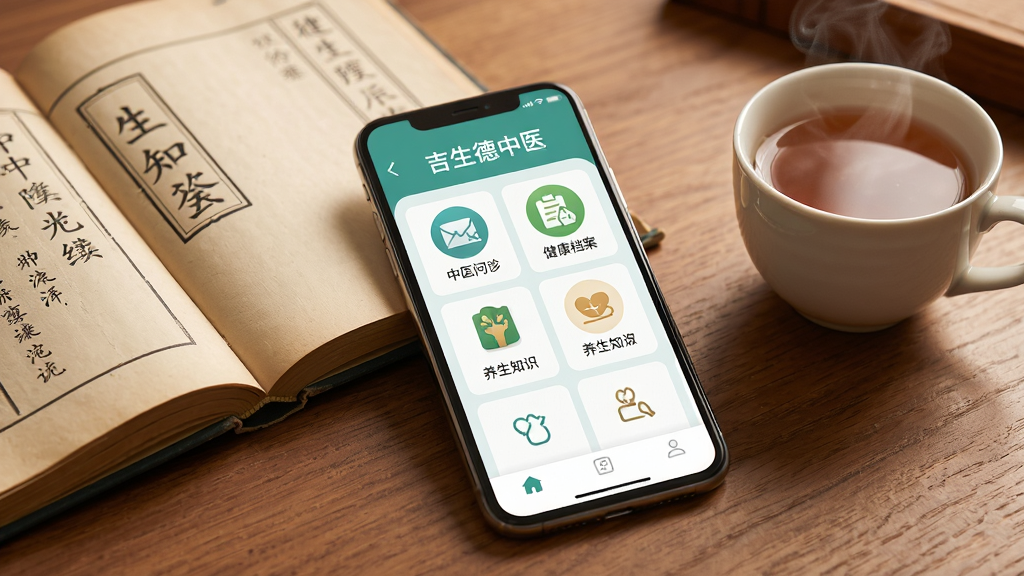 画面主体是一部智能手机,手机屏幕中显示吉生德中医应用的主界面,界面中包含中医问诊、健康档案、养生知识等模块图标,布局清晰。手机放置在木质桌面上,旁边有一本打开的中医典籍和一杯冒着热气的茶。整体风格为写实摄影风,色调温暖柔和,细节丰富,画质高清,画面干净,无多余元素。