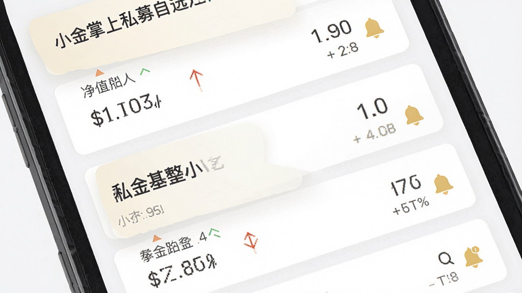 一张展示小金掌上私募自选关注列表界面的示意图,主体为手机屏幕内多只基金卡片纵向排列,布局为列表式布局,风格清新简约,细节包含涨跌箭头、净值数字与提醒铃铛图标,画面干净无多余元素,高清画质。