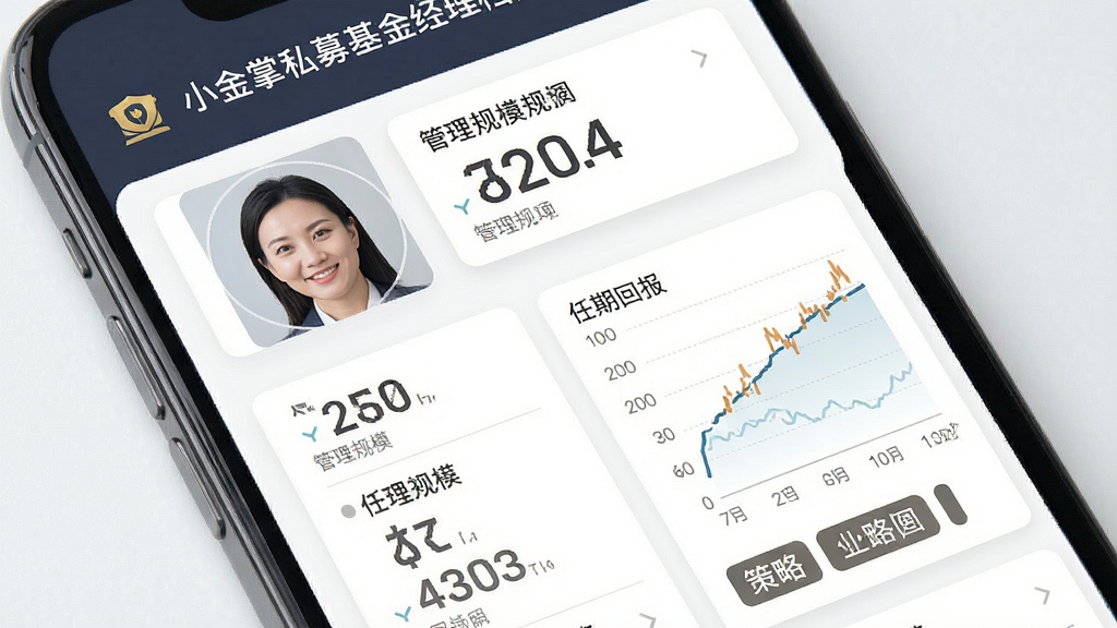 一张展示小金掌上私募基金经理档案页面的预览图,主体为手机屏幕内基金经理头像与业绩数据图表,布局为卡片式信息流,风格沉稳专业,细节包含管理规模数字、任期回报曲线与策略标签,画面干净无多余元素,高清画质。