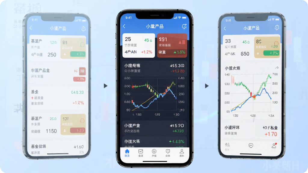 一张展示小金掌上私募移动端应用主界面的预览图,主体为一部竖屏智能手机,屏幕内呈现基金产品列表与净值曲线图表,布局简洁清晰,背景为浅蓝色渐变,风格现代商务,细节包含数据卡片、涨跌色块与底部导航栏,画面干净无多余元素,高清画质。