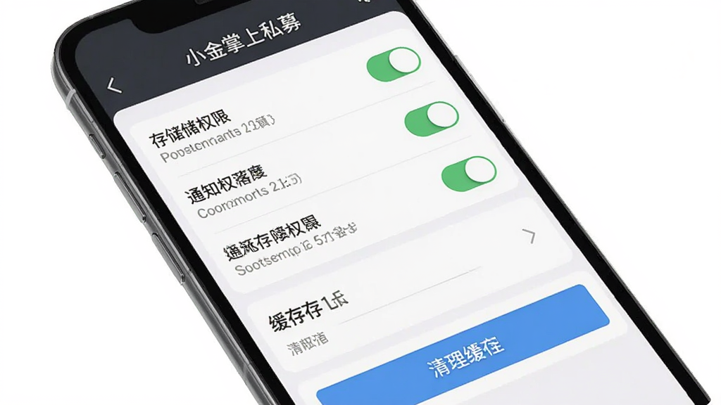 一张展示小金掌上私募在手机端运行时的设置与权限管理界面示意图,主体为手机屏幕内权限开关列表与缓存清理按钮,布局为纵向设置项排列,风格简洁实用,细节包含存储权限、通知权限开关与清理缓存选项,画面干净无多余元素,高清画质。