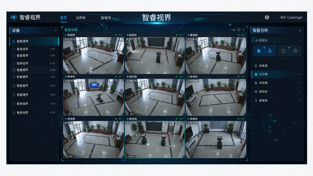 ����ӽ�����������ȫ��չʾ������Ϊ��·ʵʱ��ػ������񲼾֣����Ϊ�豸�б������Ҳ�Ϊ���ܷ�����壬���������������������ơ�����ӽ硱�����������ɫ�Ƽ������ɫ����ɫ��Ϊ����ɫ�����������������ִ���ʮ�㣬�ɾ����࣬�޶���Ԫ�أ�4K����