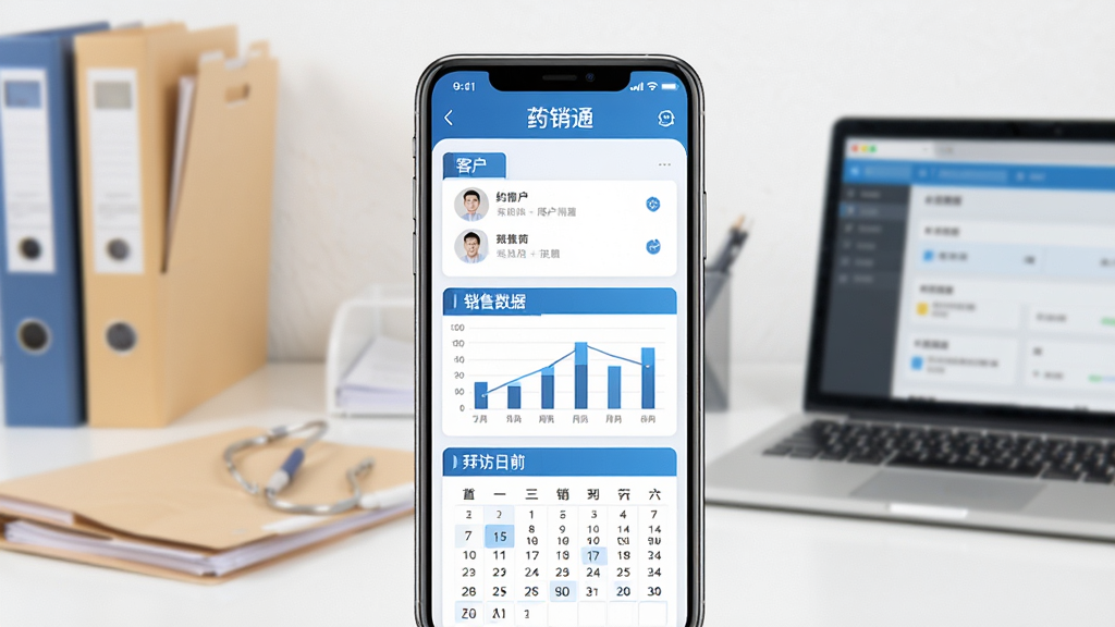 画面主体是一部智能手机,屏幕上显示“药销通”应用主界面,界面包含客户列表、销售数据图表和拜访日历等模块;背景为简洁的医药办公场景,桌面摆放文件夹和笔记本电脑;整体采用扁平化UI风格,配色以蓝白为主,干净清爽;画质高清,细节丰富,无多余元素。