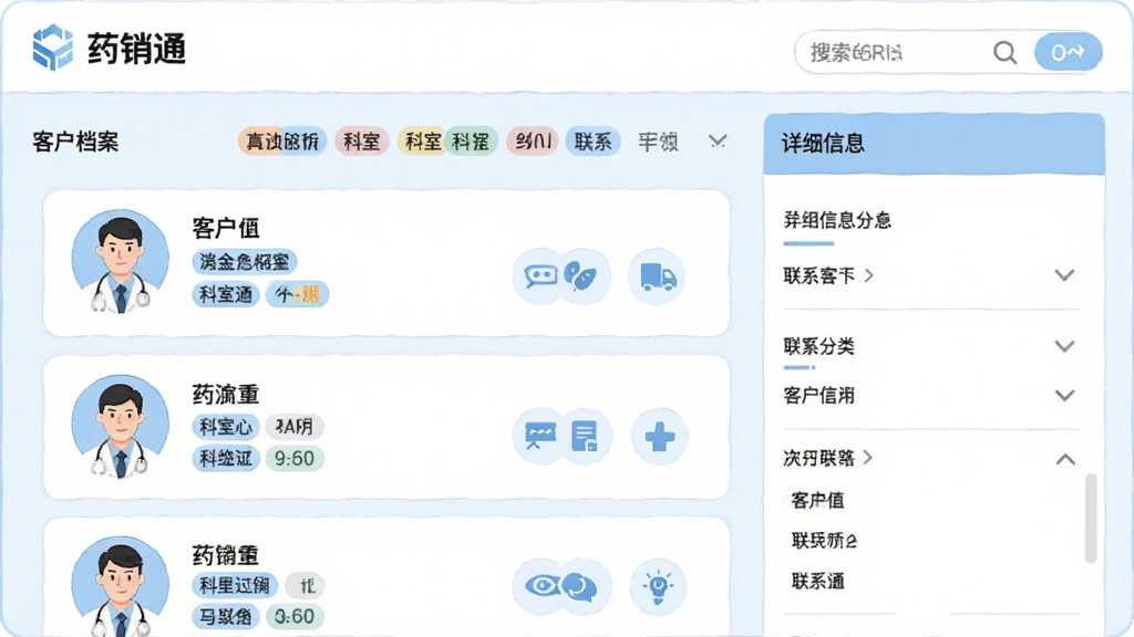 画面主体是“药销通”客户管理界面截图风格插画,展示客户档案卡片、标签分类和搜索框;布局为左右分栏,左侧为客户列表,右侧为详细信息面板;风格简洁商务,配色以浅蓝和白色为主;细节包括医生头像、科室标签和联系图标;画质清晰,干净无多余元素。