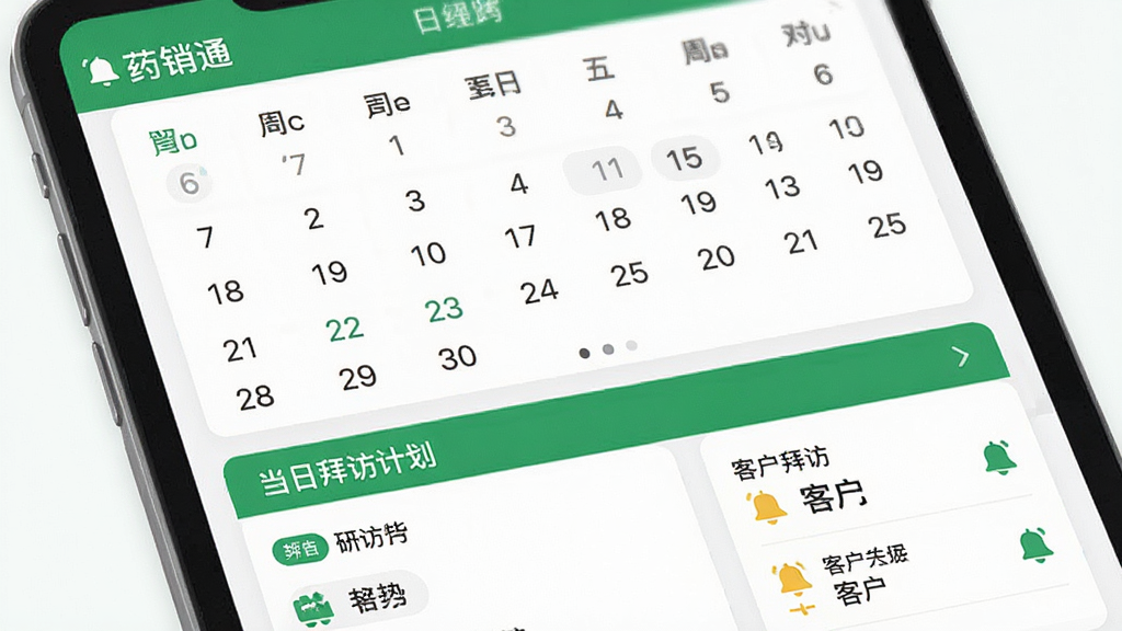 画面主体是“药销通”日程提醒界面,展示日历视图和待办事项列表;布局为上下结构,上方为月历,下方为当日拜访计划卡片;风格清新明快,配色以绿色和白色为主;细节包括时间标签、客户名称和提醒铃铛图标;画质清晰,干净无多余元素。