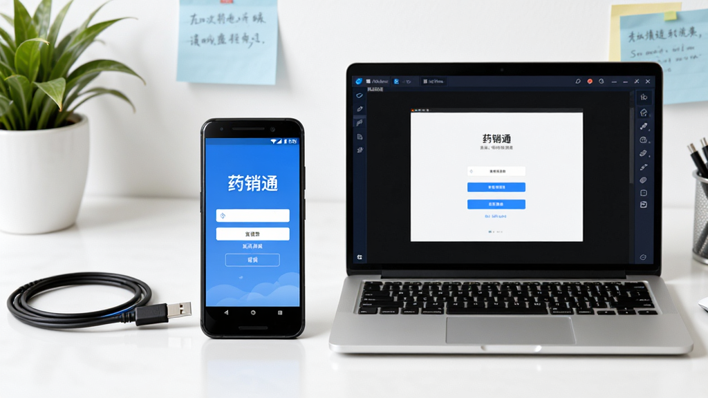 画面主体是一部安卓手机和一台笔记本电脑并排摆放,手机屏幕显示“药销通”登录界面,电脑屏幕显示模拟器运行界面;布局为左右对比构图;风格简洁明快,配色以蓝白为主;细节包括数据线、桌面绿植和便签纸;画质高清,干净无多余元素。