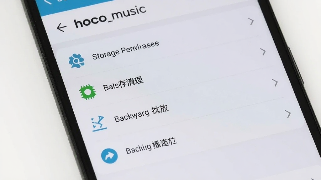 �ֻ���Ļ��ʾhoco.music������ҳ�棬�����洢Ȩ�ޡ�������������̨���ŵ�ѡ��������࣬�����������ɾ����޶���Ԫ��