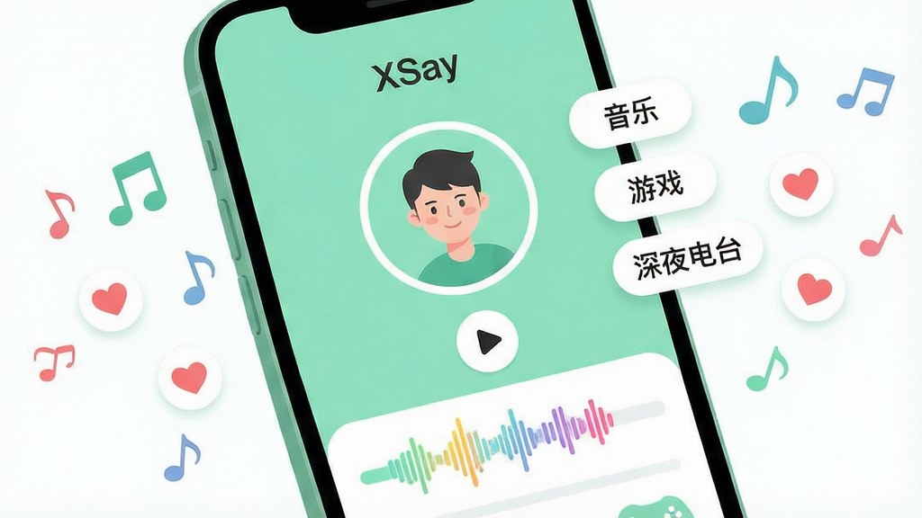 һ��չʾ��XSay��������Ƭ���ܵ��ֻ�����ͼ����Ļ������һ��Բ��ͷ��ͷ���·��в��Ű�ť���������������Ա������ű�ǩ�����֡�����Ϸ������ҹ��̨�����ֻ������������Ͱ���ͼ��Ʈ��������Ϊ���жԳƣ��ֻ�΢΢��б�����Ϊ���±�ƽ�廭����ɫ��Ϊ���������ɫ��ϸ�����������в�ɫ���䣬��ǩ��Բ�Ǳ߿򣻻����������޶���װ�Σ�2K�ֱ��ʡ�