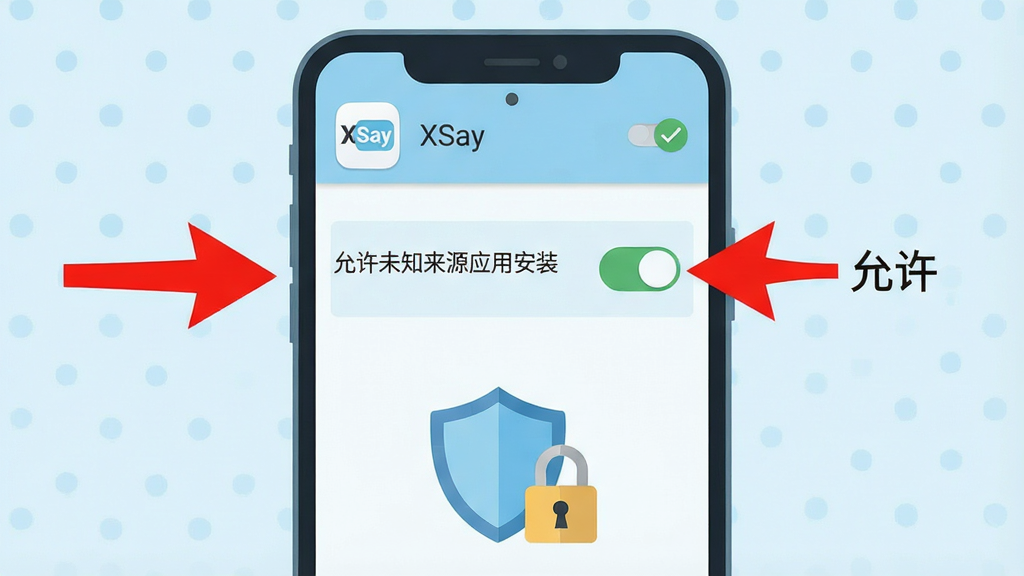 һ��չʾ��XSay����׿�ֻ���װȨ�����õĽ���ʾ��ͼ���������ֻ���Ļ��ʾ������δ֪��ԴӦ�ð�װ���Ŀ��ذ�ť���Ա��к�ɫ��ͷָ��������ѡ��ֻ��·��ж��ƺ�����ͼ�ꣻ����Ϊ�ֻ����У���ͷ�����ָ�򿪹أ����Ϊ��ƽ���̳̲�ͼ��ɫ��Ϊǳ�����ɫ��ϸ�ڰ�����Ļ�Ϸ��С�XSay��ͼ�꣬����������ɫ�Թ��������������޶���Ԫ�أ�1080P�ֱ��ʡ�