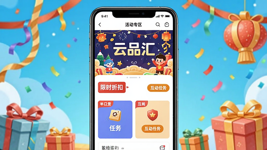 �����������ֻ���Ļչʾ��Ʒ��ר��ҳ�棬ҳ�����н�������������ʱ�ۿ۱�ǩ�뻥������Ƭ������Ϊ���շ�Χ��װ��Ԫ�أ����ֲ������·ֲ㹹ͼ�����Ϊ����ϲ��Ĵ����廭�磬ϸ�������ֲʴ��������