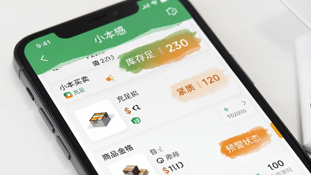 小本买卖App库存管理页面,手机屏幕显示商品列表,每个商品有名称、库存数量、预警状态,界面用绿色和橙色区分充足与紧张,风格清爽商务,细节干净,画质高清,无多余元素