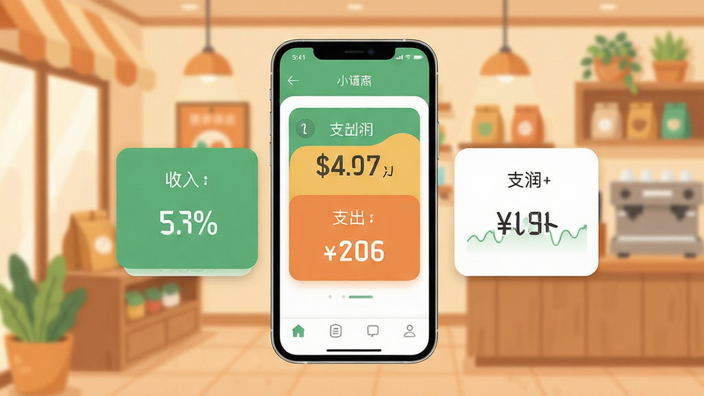 小本买卖App主界面展示,画面中央是一部智能手机,屏幕显示简洁的记账仪表盘,有收入、支出、利润三个大数字卡片,背景是温馨的社区小店场景,风格清新扁平化,细节干净,画质高清,无多余元素