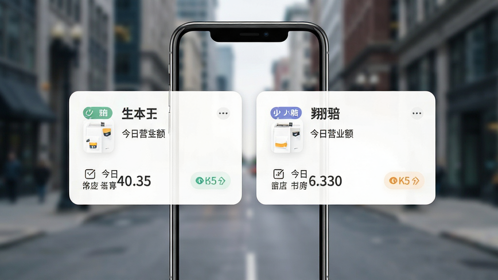 小本买卖App多店管理界面,手机屏幕显示两个店铺卡片,分别标注店铺名称和今日营业额,背景是城市街景虚化,风格商务简洁,细节干净,画质高清,无多余元素