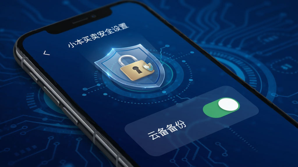 小本买卖App安全设置页面,手机屏幕显示密码锁和云备份开关,有盾牌图标,背景是深蓝色科技感渐变,风格安全可靠,细节清晰,画质高清,无多余元素