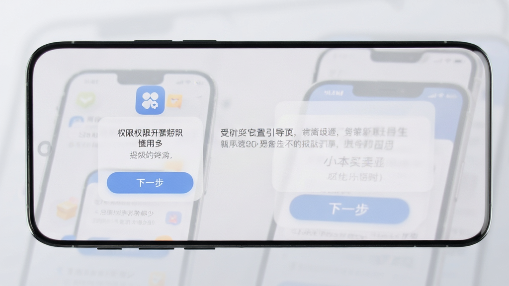 小本买卖App安装设置引导页,手机屏幕显示权限开启提示和下一步按钮,背景是浅灰色渐变,风格简洁友好,细节清晰,画质高清,无多余元素