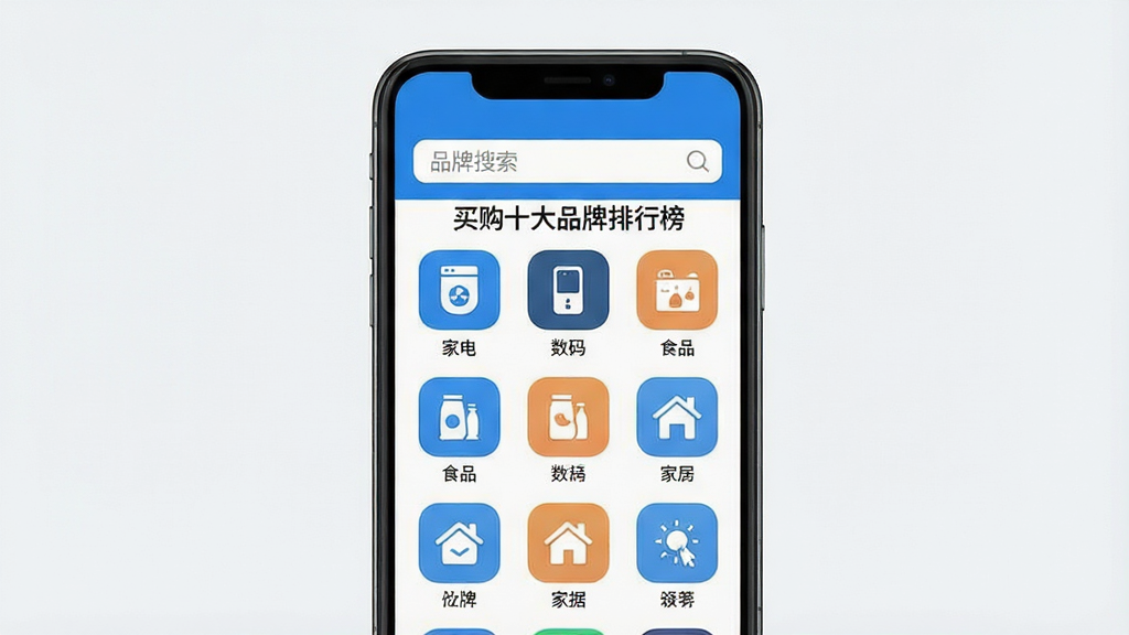 一张展示手机屏幕的图片,屏幕中央显示“买购十大品牌排行榜”应用主界面,界面顶部有品牌搜索框,下方排列着多个行业分类图标,如家电、数码、食品、家居等,图标呈网格状整齐排列,界面风格简洁明快,主色调为白色与蓝色,画质清晰,干净无多余元素