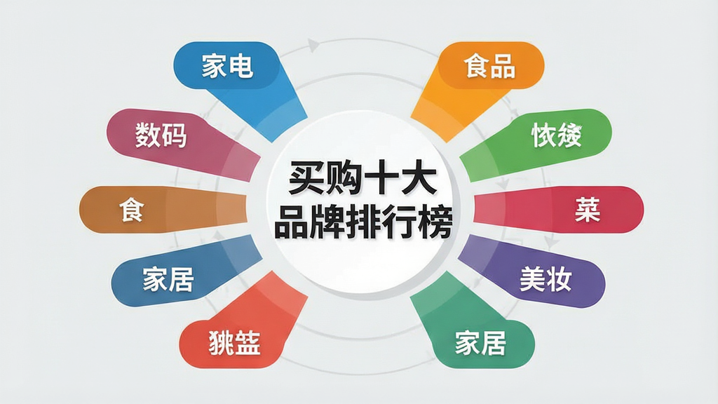 一张信息图表风格的插图,画面中央是“买购十大品牌排行榜”的文字标识,周围环绕着多个行业分类标签,如“家电”“数码”“食品”“家居”“美妆”等,标签以彩色圆角矩形呈现,整体布局呈放射状,风格简洁现代,画质清晰,背景为浅灰色,无多余元素