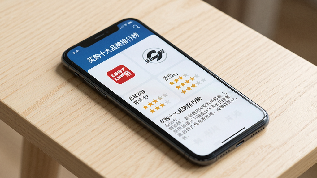 一部智能手机放置在浅色桌面上,屏幕显示“买购十大品牌排行榜”的品牌详情页,页面中包含品牌logo、品牌指数评分、用户评价星级以及品牌简介文字,页面布局清晰,信息层级分明,背景干净,画质细腻,无多余装饰元素