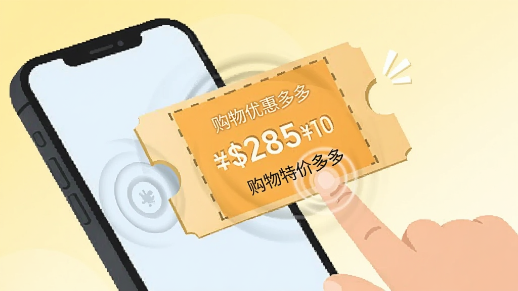 画面展示一只手点击手机屏幕上的优惠券图标,优惠券呈现立体卡片样式并带有虚线裁剪边,卡片上标注折扣金额,背景为淡黄色渐变,风格为简洁扁平插画,细节包括点击波纹效果,画质干净,无多余元素,图片中文字为