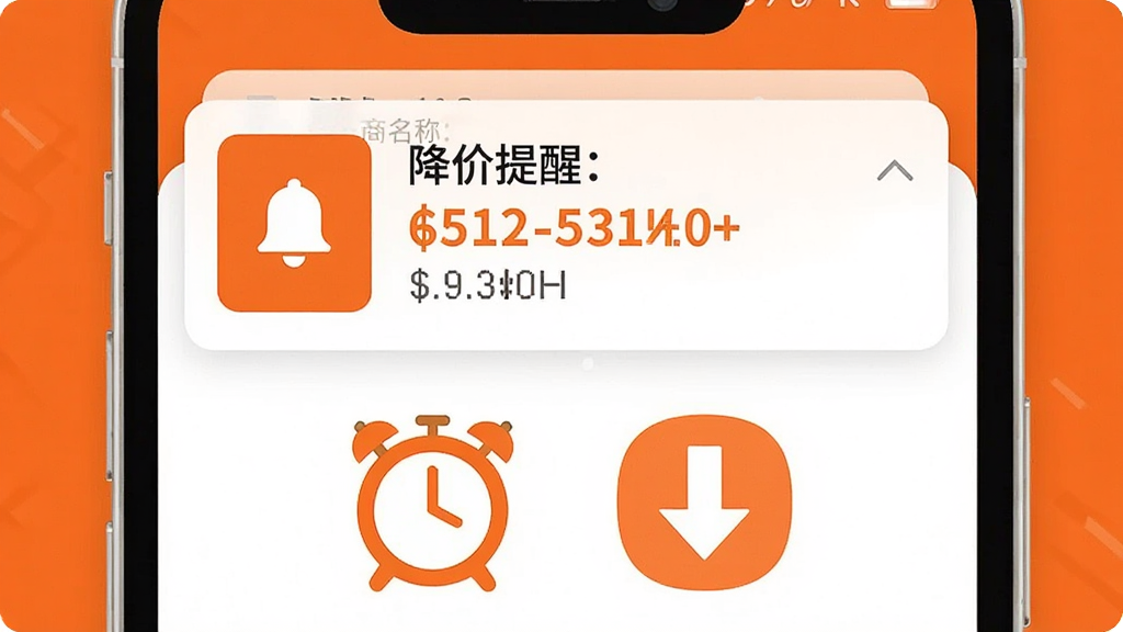 画面主体为手机通知栏弹出降价提醒消息,消息卡片上显示商品名称和降价幅度,手机下方有闹钟和向下箭头图标,布局为上下结构,风格为现代扁平化设计,色调以橙色和白色为主,细节包括铃铛图标和价格数字,画质清晰,干净整洁,无多余元素