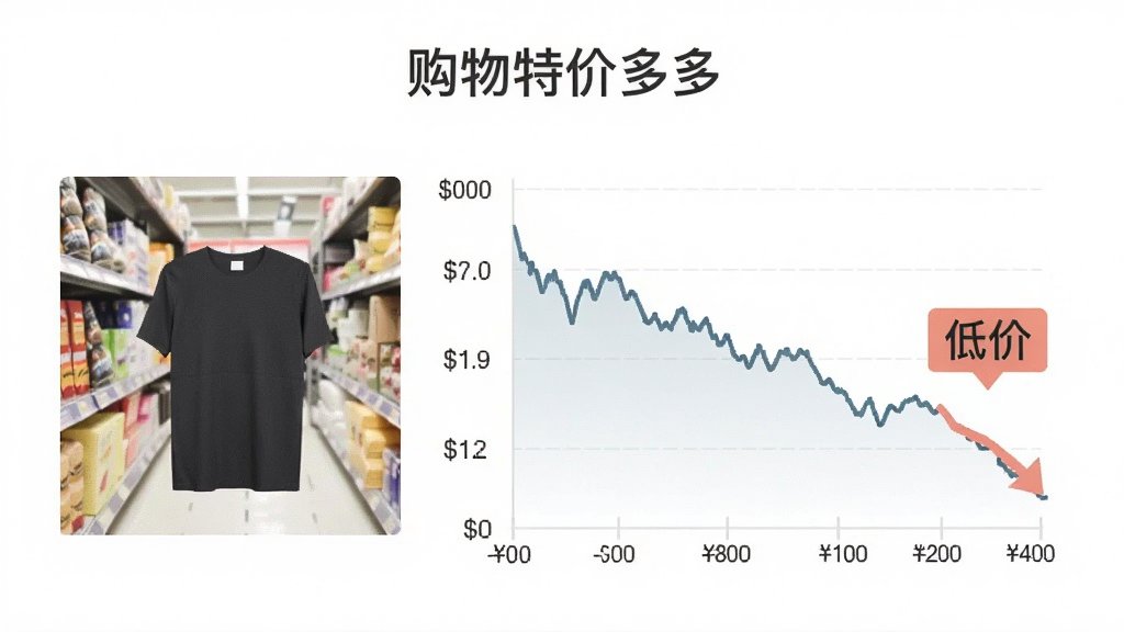 画面展示一个简洁的比价数据面板,面板左侧为商品图片,右侧为折线趋势图,折线呈现下降趋势并标注