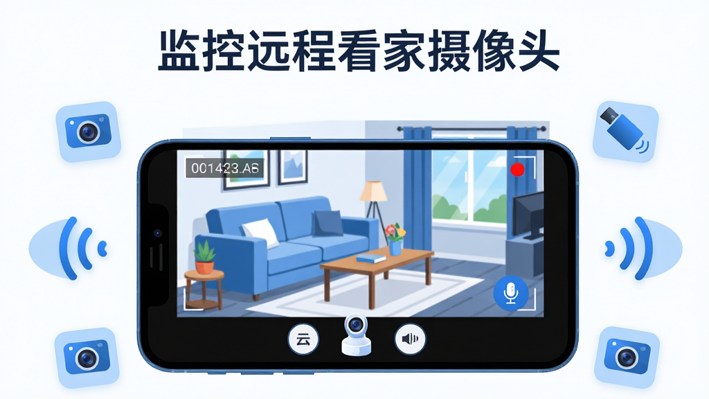 ����Ϊһ�������ֻ���Ļ��ʾ��ͥ����ʵʱ��ػ��棬��������ɳ�����輸�ʹ�������Ļ�·�����̨���ư�ť�����ֲ����ֻ����С���Χ��������ͷͼ����WiFi�źŲ��ƣ��Ű�Ϊ���½ṹ���Ϸ�Ϊ�������ơ����Զ�̿�������ͷ�����ֱ��⣬�·�Ϊ�ֻ�����չʾ�����Ϊ�ִ��Ƽ��б�ƽ�廭��ɫ��������Ϊ����ϸ�ڰ��������е�ʱ�����¼�ƺ�㡢�����Խ�ͼ�ꣻ���ʸ��壬����ɾ����޶���Ԫ�ء�