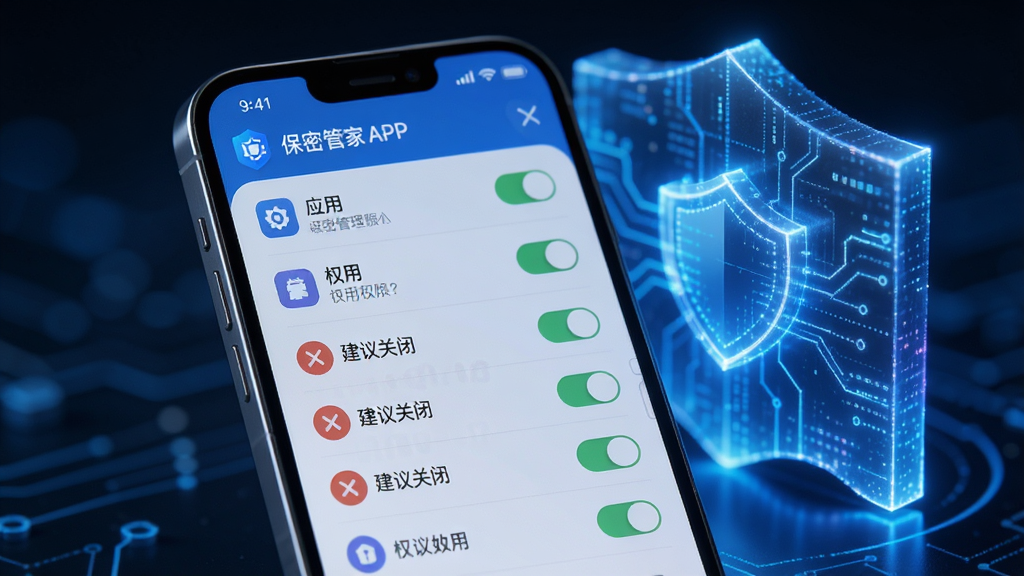 һ���ֻ���Ļ��ʾ���ܹܼ�APP���豸�������棬��������Ӧ���б���Ȩ�޿��أ����м���Ȩ�ޱ����Ϊ������رա����ֻ�������һ������ǽ�ĳ���ͼ�������Ƽ���ǿ����ɫ��Ϊ���������������޶���Ԫ��