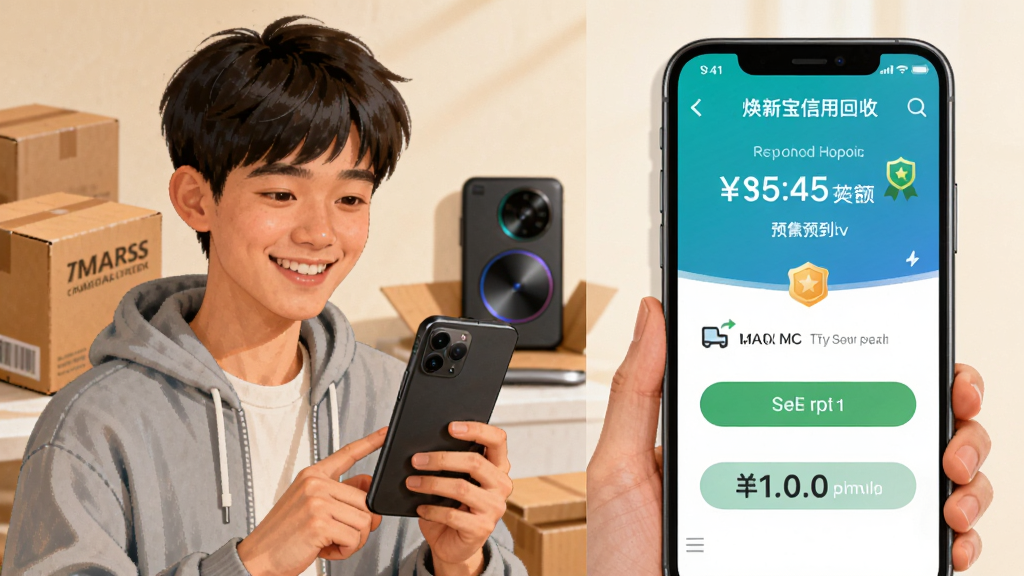 主体为一位年轻人手持手机微笑看着焕新宝信用回收预付款到账页面,布局为左右分栏左侧人物右侧手机界面,风格为温暖写实插画风,细节包含到账金额数字、信用徽章图标、背景有快递箱与数码产品,画质清晰干净无多余元素