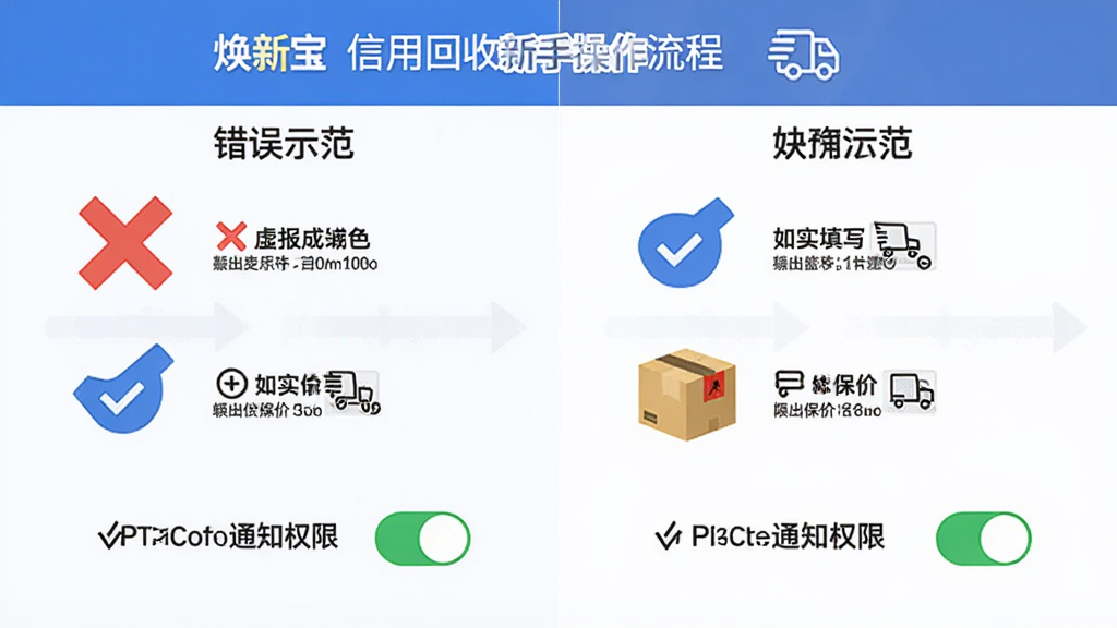 主体为焕新宝信用回收新手操作流程图,布局为左右对比排版左侧错误示范右侧正确操作,风格为扁平化信息图风,细节包含红色叉号标注虚报成色、蓝色对勾标注如实填写、快递保价图标、通知权限开关,画质清晰干净无多余元素