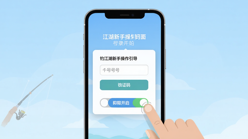钓江湖新手操作引导界面,手机屏幕显示注册登录页面和权限开启提示,画面中有手指点击按钮的动作示意,背景为淡蓝色渐变,主体为手机与引导弹窗,布局居中,排版简洁,风格为扁平化UI设计,细节包含手机号输入框、验证码按钮和权限开关图标,画质清晰,干净,无多余元素