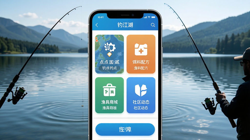 钓江湖APP主界面展示,画面中央是一部智能手机,屏幕显示钓江湖软件首页,包含钓点地图、饵料配方、渔具商城和社区动态四个功能模块图标,背景为湖光山色的户外钓鱼场景,主体突出软件界面,布局居中,排版清晰,风格为写实科技风,细节包含水面波纹、钓竿剪影和界面按钮,画质高清,干净,无多余元素