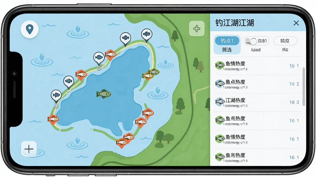 钓江湖钓点地图功能界面,手机屏幕显示一张湖泊地图,地图上标注了多个钓点图标和鱼情热度标记,侧边栏有筛选条件和钓点列表,背景为淡蓝色水域和绿色岸线,主体为手机与地图界面,布局左图右列表,排版整洁,风格为扁平化地图设计,细节包含定位图标、水波纹和鱼形标记,画质清晰,干净,无多余元素