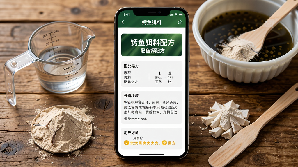 钓江湖饵料配方详情页,手机屏幕显示一款鲫鱼饵料配方,页面包含原料列表、配比百分比、开饵步骤和用户评价,背景为木质桌面和饵料盆,主体为手机界面与饵料原材料,布局上下结构,排版清晰,风格为生活化写实,细节包含量杯、饵料粉末和搅拌棒,画质高清,干净,无多余元素