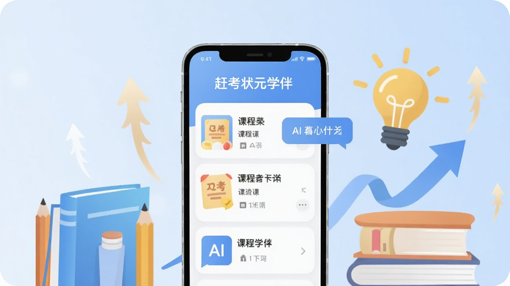 ����������һ�������ֻ�����Ļ����ʾ�š��Ͽ�״Ԫѧ�顱��APP���棬�������пγ��б���AI�Ի����ݡ��ֻ���Χ�������鱾��Ǧ�ʡ����ݺ������ļ�ͷ���ţ�����ѧϰ��������������͵�ǳ��ɫ���䣬���������¼�࣬��ƽ����ƣ������������ɾ��޶���Ԫ�ء�